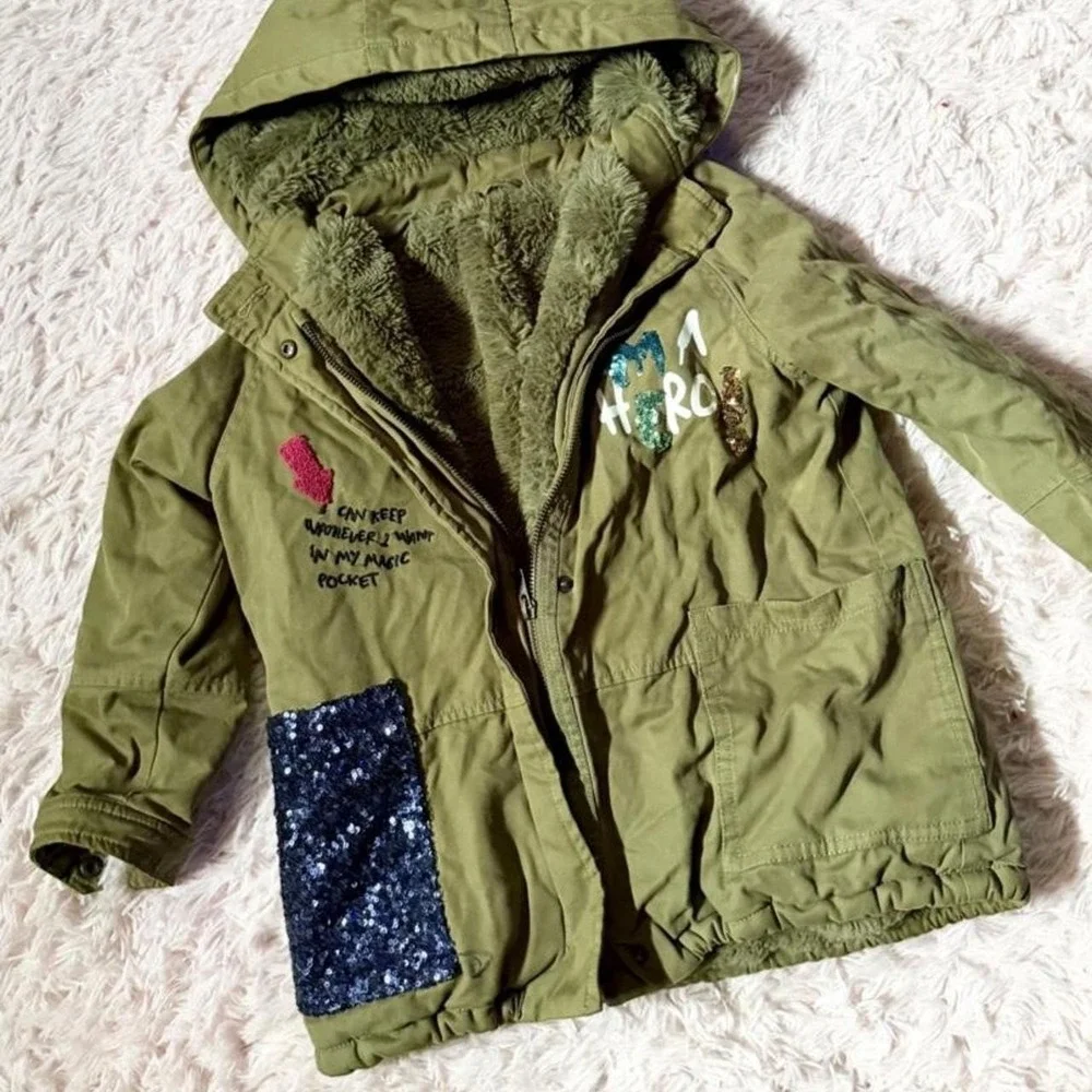 Olive Urban Streetwear Graffiti Sequin Edgy Plush Lined Hooded Parka Girls L